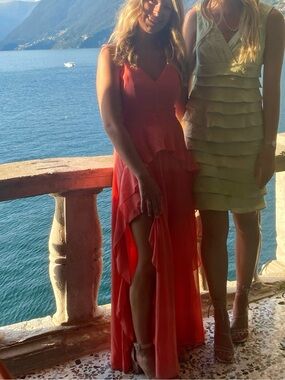 Coral V-Neck Evening Dress